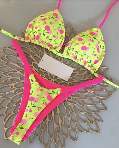 Bikinis - Cherry Print Micro Bikini 2-Piece Neon Swimsuit