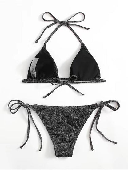 Sparkle 2-Piece String Swimsuit Set - Triangle Bra & Tie-Side Bikini