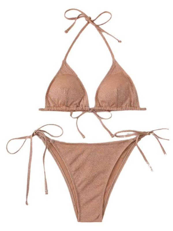 Glitzerndes 2-teiliges String-Badeanzug-Set – Triangel-BH und seitlich gebundener Bikini