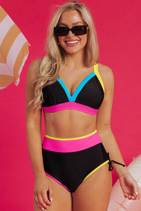 Bikinis - High-Waist Color Block Bikini for Tropical Getaways