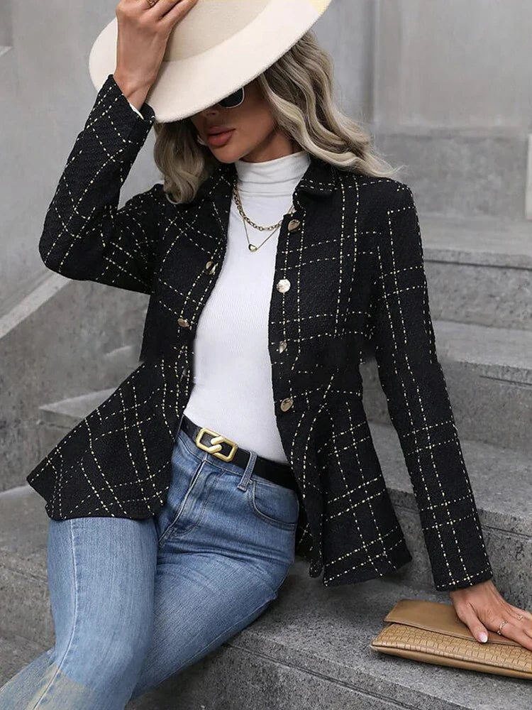 Blazers- Herringbone Peplum Blazer for Elegant Outings- - Chuzko Women Clothing