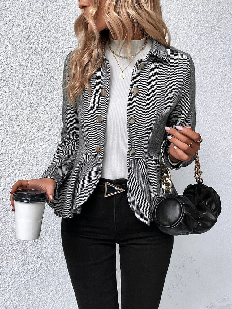 Blazers- Herringbone Peplum Blazer for Elegant Outings- - Chuzko Women Clothing