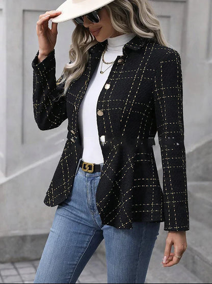 Blazers- Herringbone Peplum Blazer for Elegant Outings- black 1- Chuzko Women Clothing