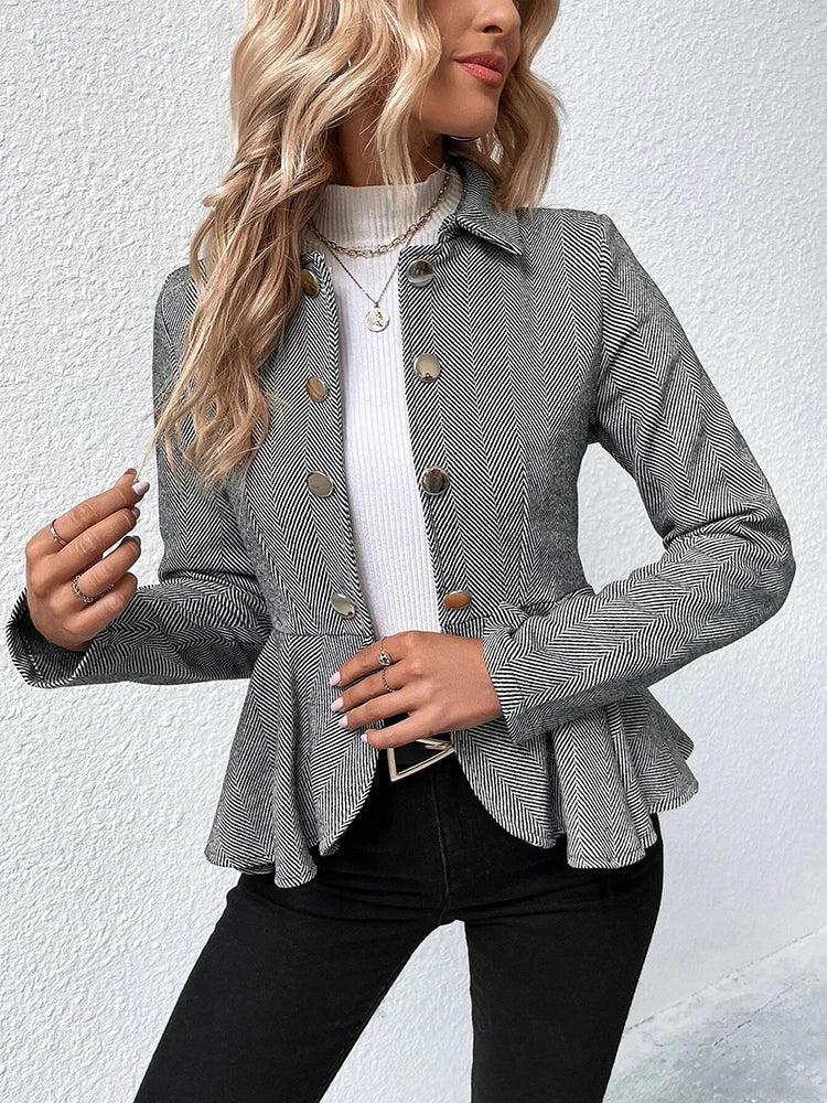 Blazers- Herringbone Peplum Blazer for Elegant Outings- - Chuzko Women Clothing