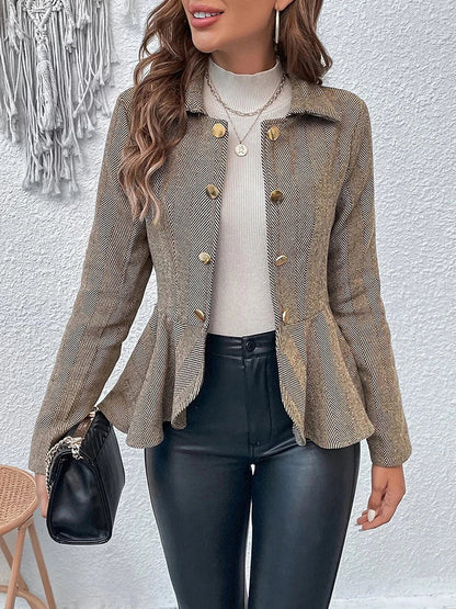 Blazers- Herringbone Peplum Blazer for Elegant Outings- Camel- Chuzko Women Clothing