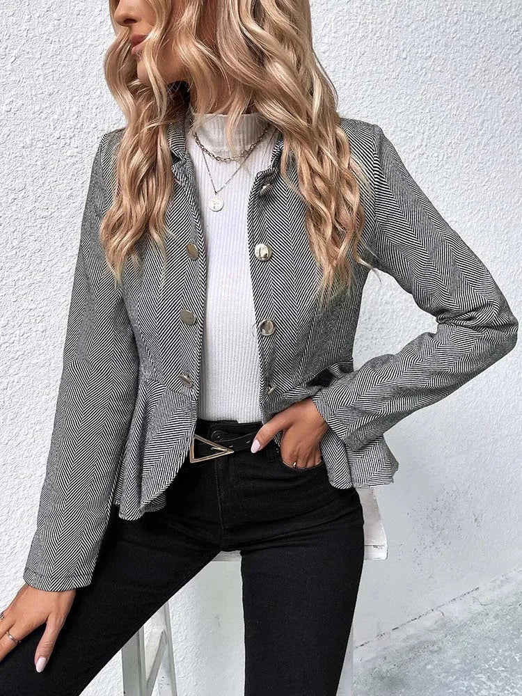 Blazers- Herringbone Peplum Blazer for Elegant Outings- - Chuzko Women Clothing