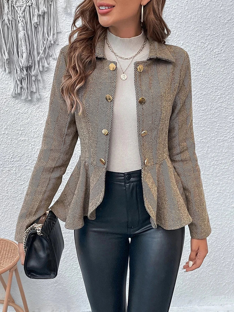 Blazers- Herringbone Peplum Blazer for Elegant Outings- - Chuzko Women Clothing