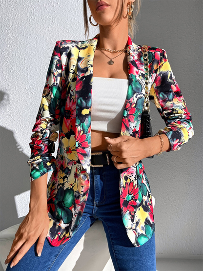 Blazers - Women Floral Shawl Blazer for Professional Settings