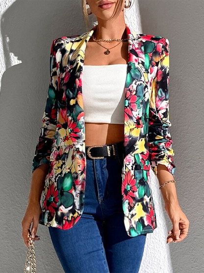 Blazers - Women Floral Shawl Blazer for Professional Settings