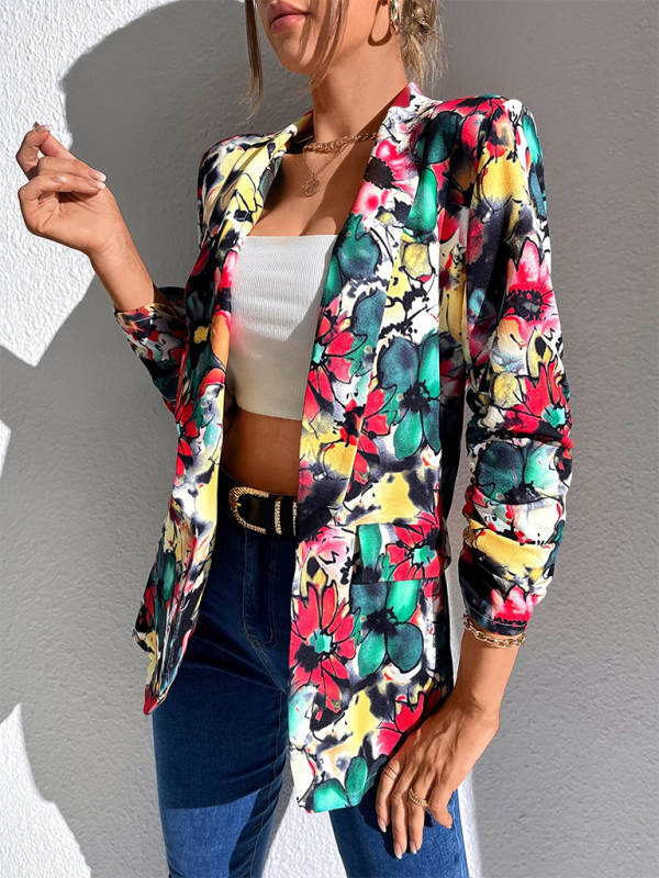 Blazers - Women Floral Shawl Blazer for Professional Settings