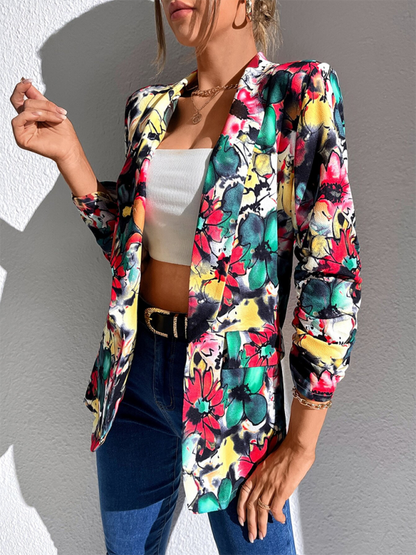 Blazers - Women Floral Shawl Blazer for Professional Settings