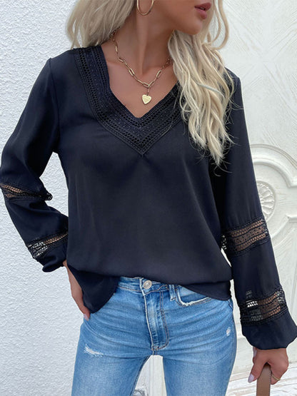 Blouses - 1920s Inspired Navy Top Blouse with Lace Details