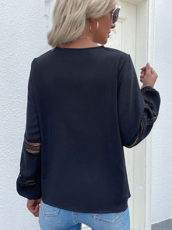 Blouses - 1920s Inspired Navy Top Blouse with Lace Details