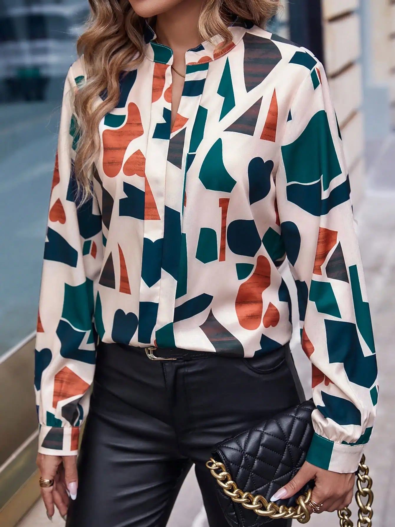 Blouses - Art-Inspired Office Blouse with Long Sleeves