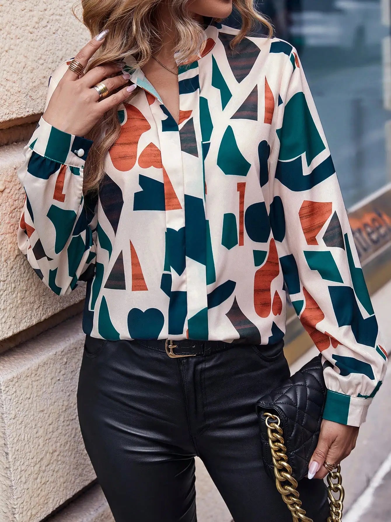 Blouses - Art-Inspired Office Blouse with Long Sleeves