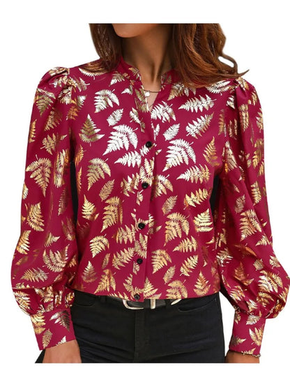 Blouses- Autumn Fern Print Blouse - Women Golden Long Sleeve Shirt- - Pekosa Women Fashion