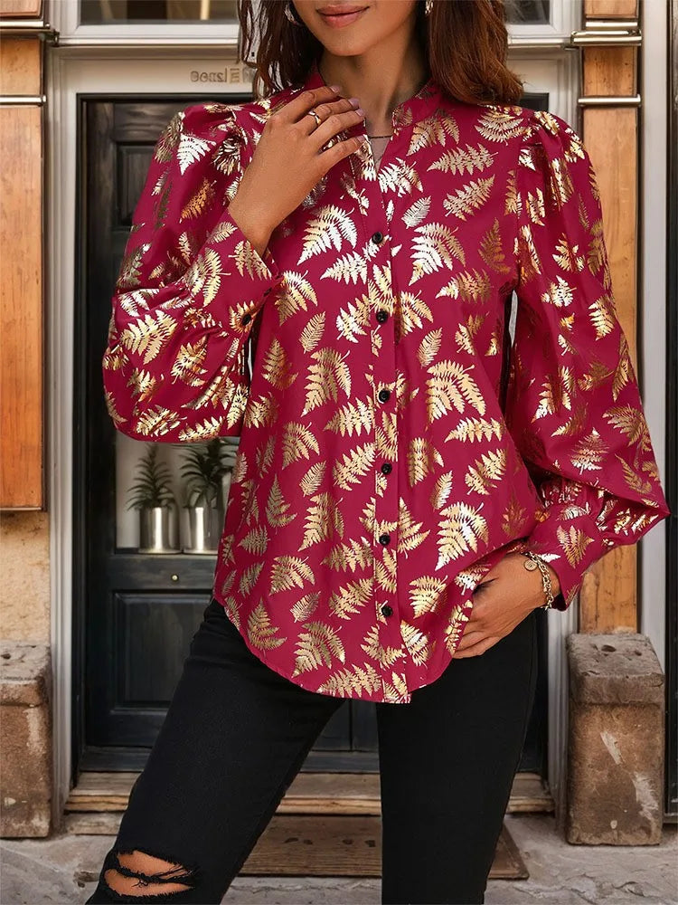 Blouses- Autumn Fern Print Blouse - Women Golden Long Sleeve Shirt- - Pekosa Women Fashion