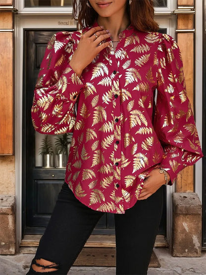 Blouses- Autumn Fern Print Blouse - Women Golden Long Sleeve Shirt- - Pekosa Women Fashion