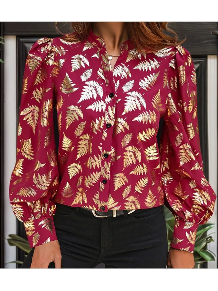 Blouses- Autumn Fern Print Blouse - Women Golden Long Sleeve Shirt- - Pekosa Women Fashion