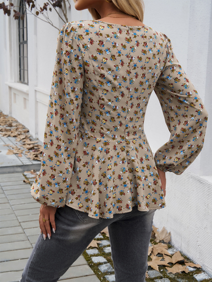 Autumn Floral Peplum Blouse with Puff Sleeves