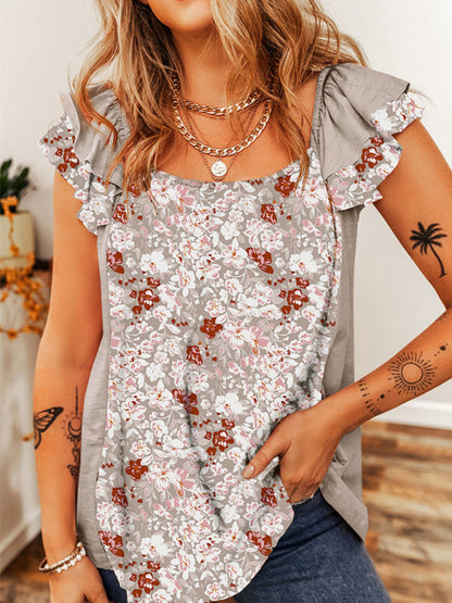 Blossoms Ruffles Damen-Bluse mit Blumendruck und quadratischem Ausschnitt