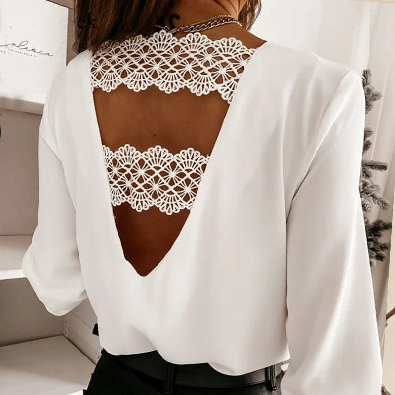 Blouses- Boho-Chic Women's Chiffon Lace Back Blouse- - Chuzko Women Clothing