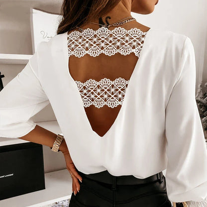 Blouses- Boho-Chic Women's Chiffon Lace Back Blouse- WHITE- Chuzko Women Clothing