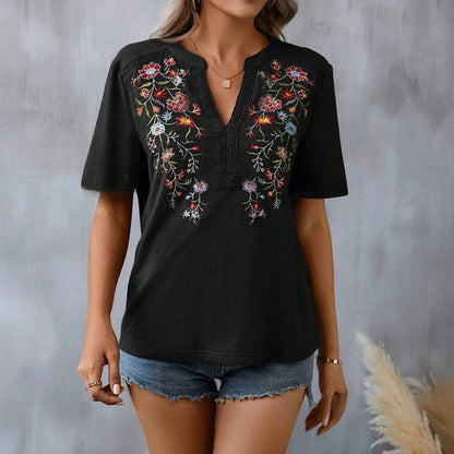 Blouses- Boho-Chic Women's Embroidered Floral Blouse- - Chuzko Women Clothing