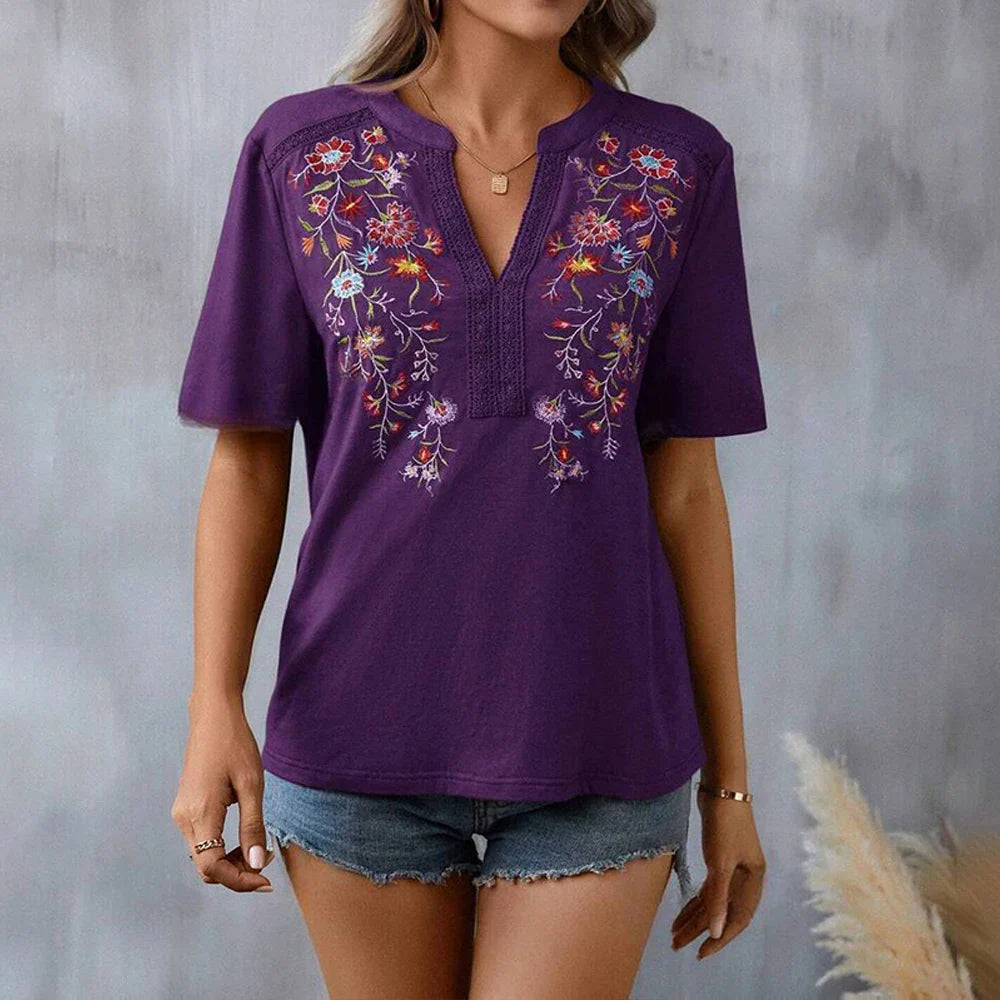 Blouses- Boho-Chic Women's Embroidered Floral Blouse- - Chuzko Women Clothing