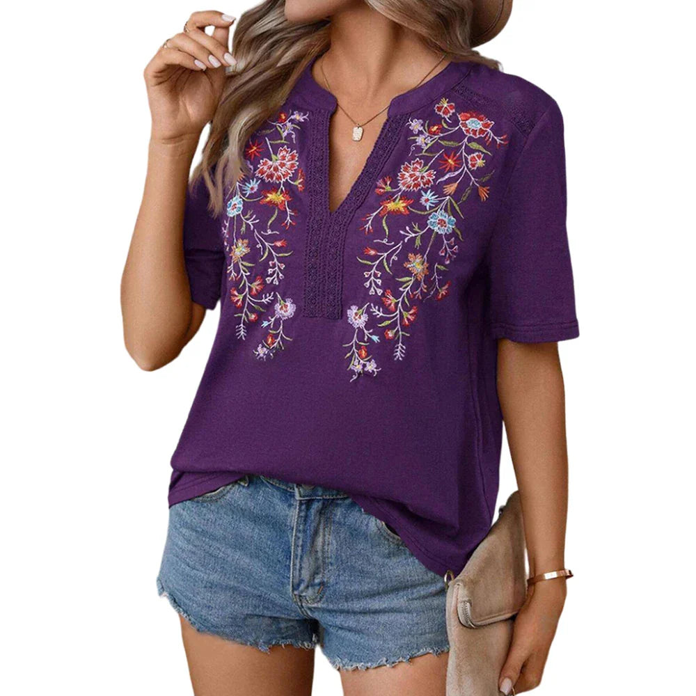 Blouses- Boho-Chic Women's Embroidered Floral Blouse- PURPLE- Chuzko Women Clothing