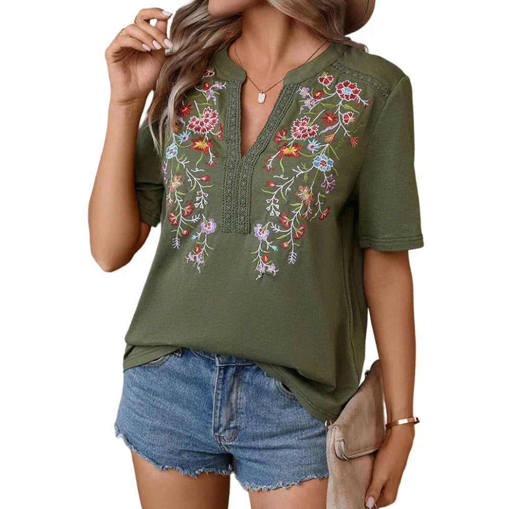 Blouses- Boho-Chic Women's Embroidered Floral Blouse- green- Chuzko Women Clothing