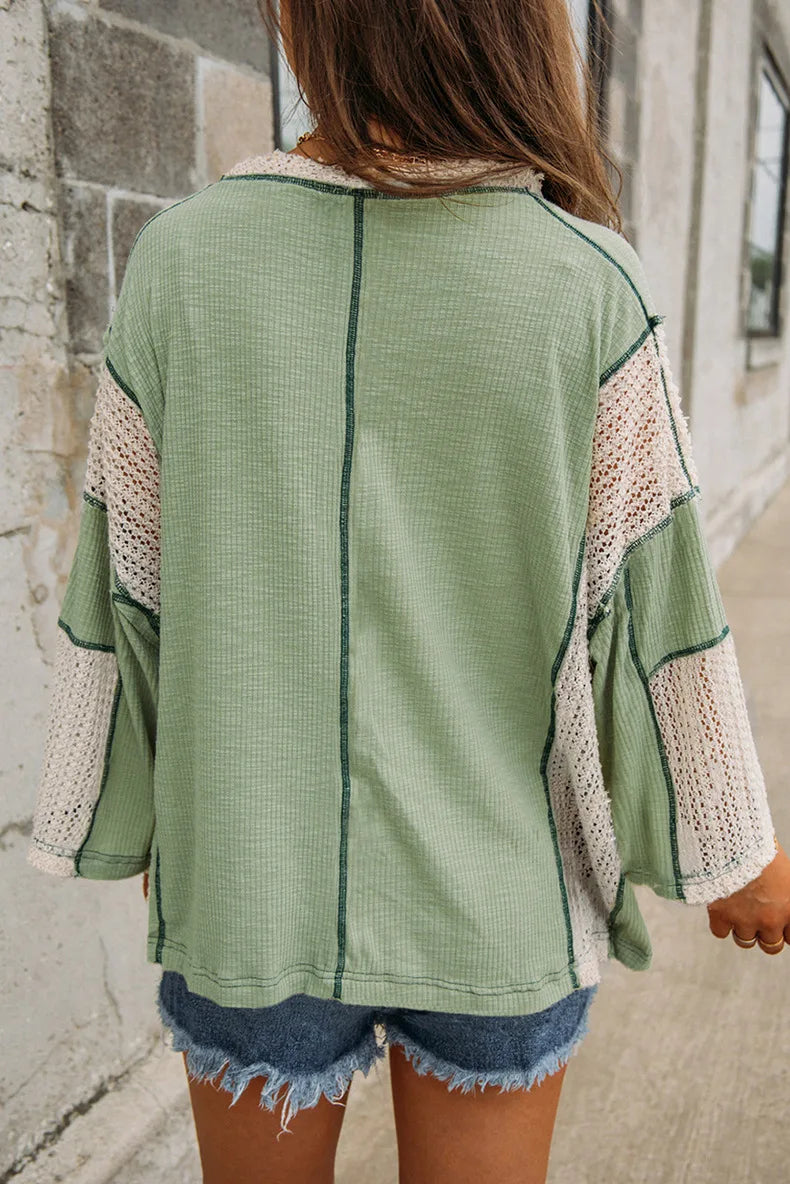 Blouses-Boho Sage Green Waffle Knit Blouse