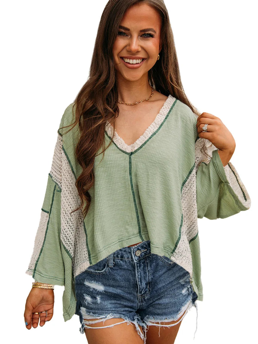 Blouses-Boho Sage Green Waffle Knit Blouse