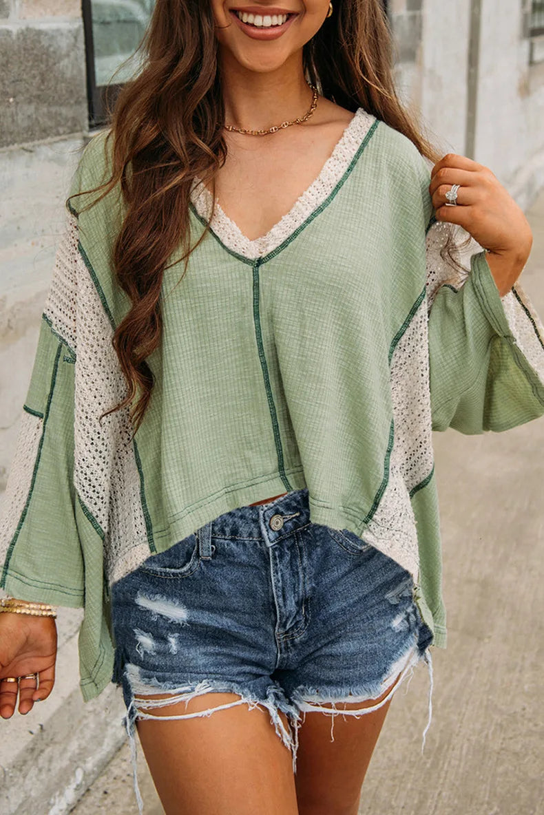 Blouses-Boho Sage Green Waffle Knit Blouse