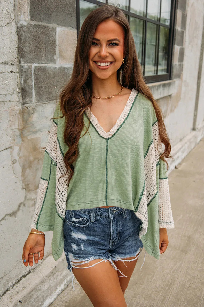 Blouses-Boho Sage Green Waffle Knit Blouse