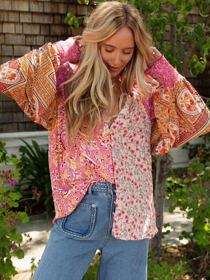 Blouses- Boho-Spirit Floral Shirt Blouse with Long Sleeves- - Chuzko Women Clothing