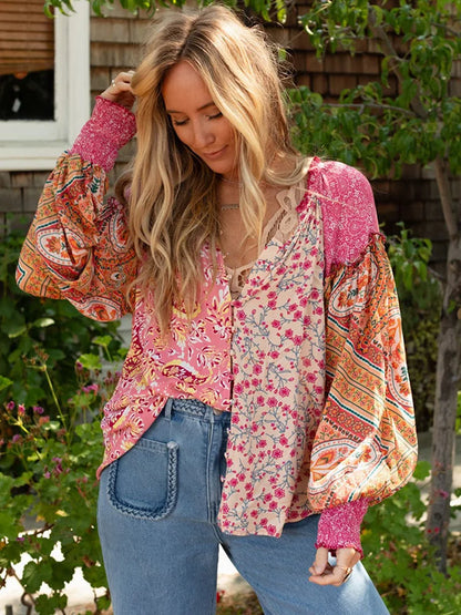 Blouses- Boho-Spirit Floral Shirt Blouse with Long Sleeves- - Chuzko Women Clothing