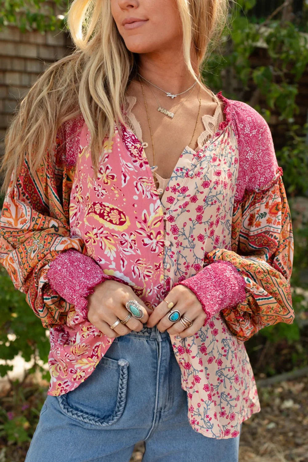 Blouses- Boho-Spirit Floral Shirt Blouse with Long Sleeves- - Chuzko Women Clothing