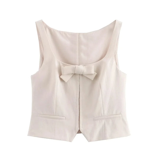 Blouses - Bow Crop Top for Artistic Evenings Tailored Cream Blouse