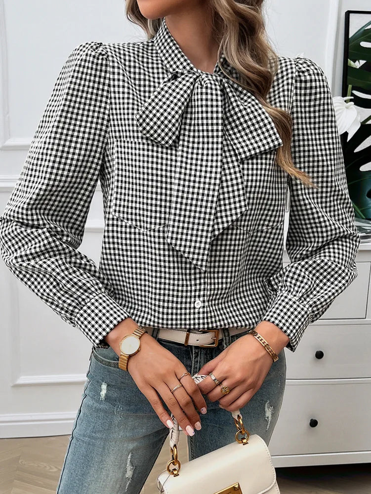 Blouses - Bow Tie Gingham Blouse Long Sleeve Shirt