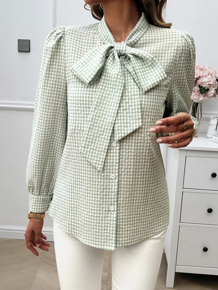 Blouses - Bow Tie Gingham Blouse Long Sleeve Shirt