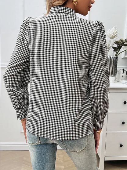 Blouses - Bow Tie Gingham Blouse Long Sleeve Shirt