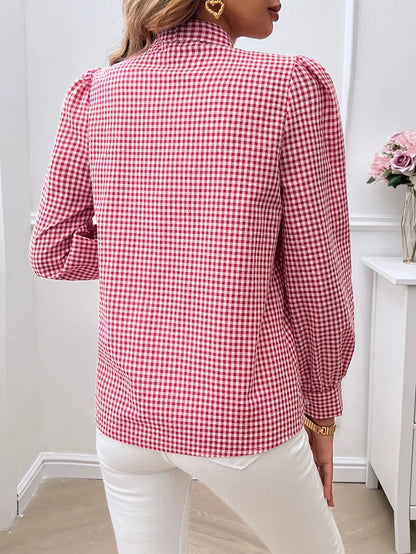 Blouses - Bow Tie Gingham Blouse Long Sleeve Shirt