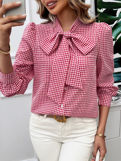 Blouses - Bow Tie Gingham Blouse Long Sleeve Shirt