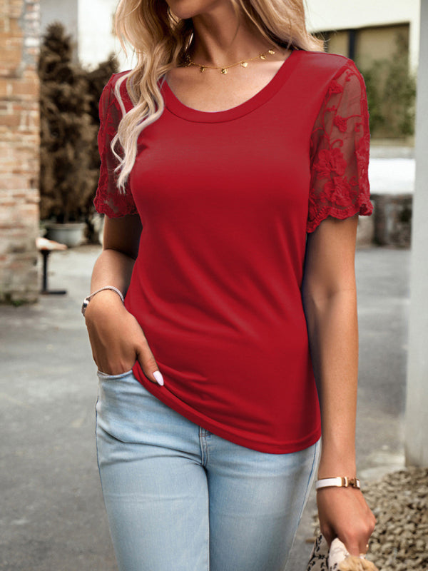 Crew Neck Blouse T-Shirt with Lace Sleeves for Women