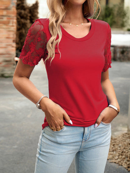 Crew Neck Blouse T-Shirt with Lace Sleeves for Women