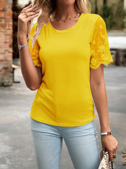 Crew Neck Blouse T-Shirt with Lace Sleeves for Women