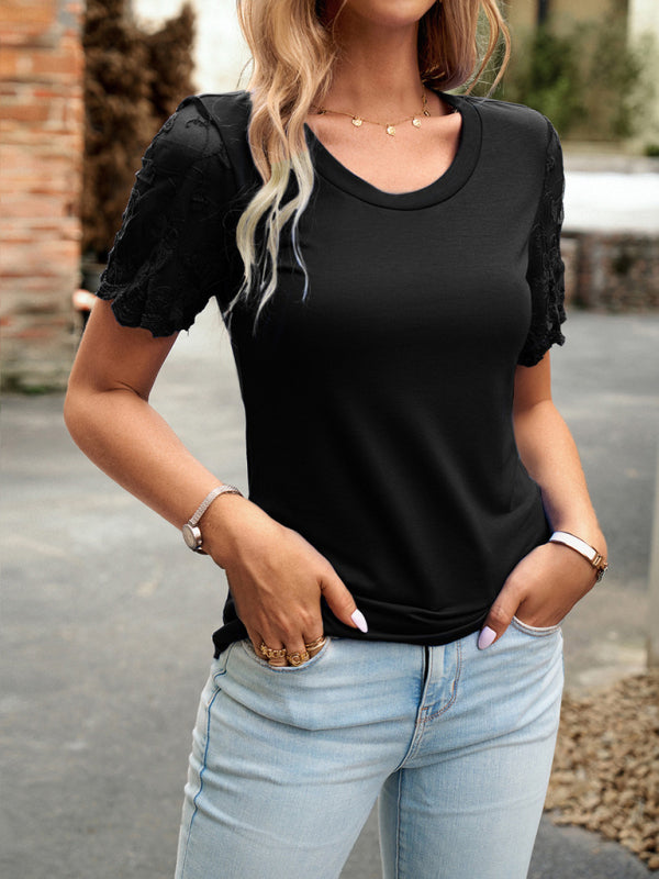 Crew Neck Blouse T-Shirt with Lace Sleeves for Women