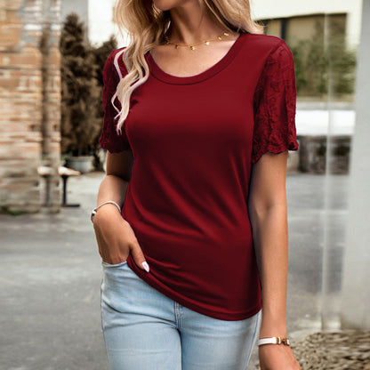 Crew Neck Blouse T-Shirt with Lace Sleeves for Women