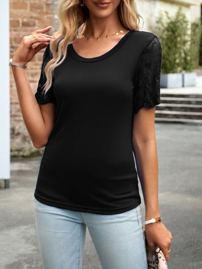 Crew Neck Blouse T-Shirt with Lace Sleeves for Women